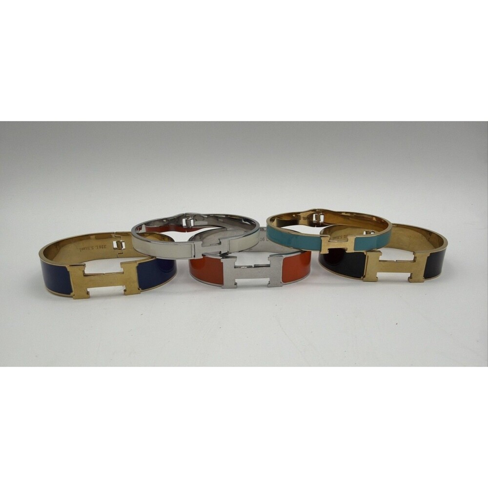 H Style Enamel Bangle Bracelets Lot 5 Gold Tone Stainless Steel Cuff